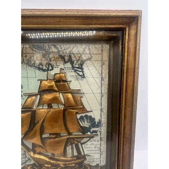 50s Mid Century Vtg Gold Clipper Ship Pirate Sailing Wall Hanging Framed 3D - Picture 3 of 11
